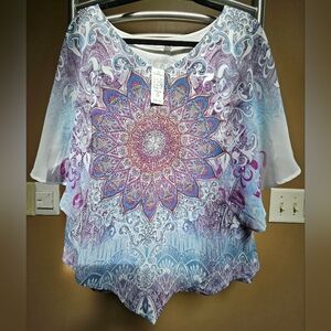 NEW, large Blue, white/cream & black Women's flowy, flowery, rhinestone